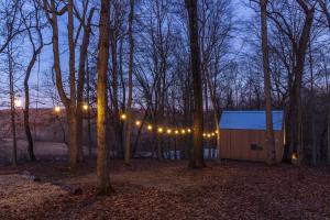 a cabin in the woods at night with lights at The Primrose in Logan