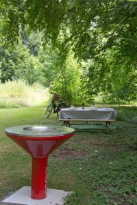 a bird bath and a picnic table in a park at Le Monde de Charlie - Les Cabanes in Bellerive-sur-Allier