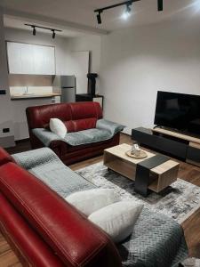 a living room with a red leather couch and a television at Vila Davidoski in Mavrovo
