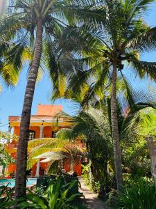 two palm trees in front of a building at Hotel Rosa de los vientos in Tuxpan de Rodríguez Cano