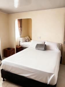 a bedroom with two white beds and a window at Hotel Plaza de Toros in Manizales