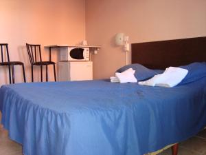 a large blue bed with a blue blanket on it at Vista al Mar Punta Mogotes in Mar del Plata