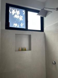a bathroom with a shower with a window at Casa Cerritos in Comitán