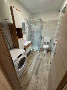 a bathroom with a shower and a washing machine at Hiška HOME- TERME ČATEŽ - VKLJUČENE KOPALNE KARTE in Čatež ob Savi +14 photos