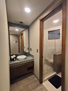 a bathroom with a sink and a shower and a mirror at Loft moderno y acogedor in Durango +25 photos