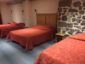 a room with three beds and a stone wall at Le Bilboquet in Le Puy-en-Velay