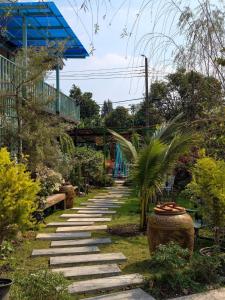 a stone path in a garden with a plant at นำสมัย สุขใจ สนามชัย in Bangkok