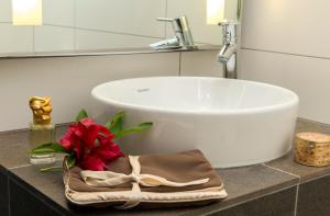 a bathroom sink with a red flower on a counter at Hotel Aguado in Dieppe