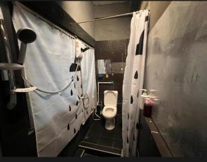 a bathroom with a toilet and a shower curtain at Stay Strays Hostel in Bangkok