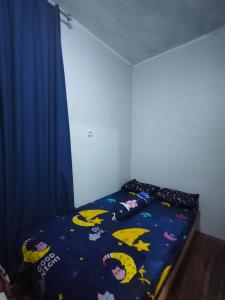 a bedroom with a bed with a blue curtain at Villa Bukit Asri Berastagi in Berastagi