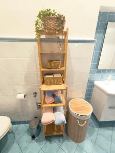 a bathroom with a shelf with towels and a toilet at Il Chicco di Arianna in Torre del Lago Puccini +20 photos