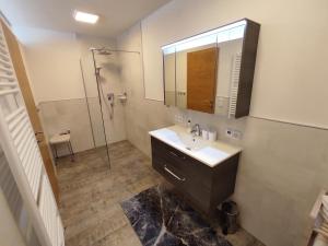 a bathroom with a sink and a mirror and a shower at Jagerhof in Walchsee +17 photos