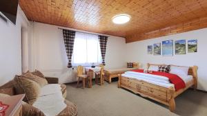a bedroom with a bed and a couch and a table at Apartmán Otília in Ždiar