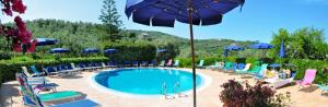 索伦托拉巴​​迪亚酒店的一个带一束椅子和一把遮阳伞的游泳池