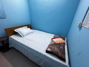 a bedroom with a bed with a blue wall at Hotel Shopno Abasik in Dhaka