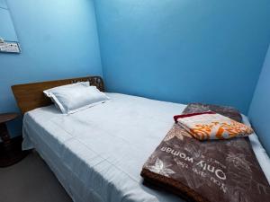 a blue room with a bed with a pillow on it at Hotel Shopno Abasik in Dhaka +16 photos