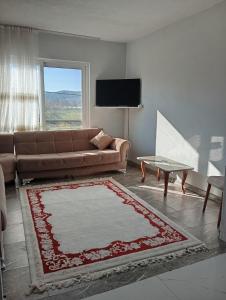 a living room with a couch and a tv at Gelinkızı Apart in Kargınküre