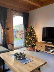 a living room with a christmas tree and a table at Roubenka Olešná na Moravě in Olešná