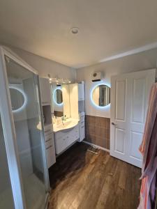 a bathroom with a shower and a sink and mirror at Private Ensuite Room in Rolleston