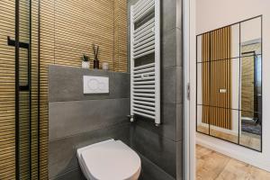 a bathroom with a toilet and a window at Old Town Urban Nest in Braşov