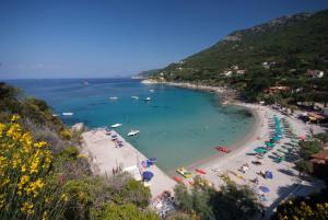 a beach with umbrellas and people in the water at Cala Azzurra in Marciana