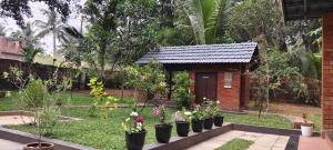 a garden with a small building with pots of plants at Gangadharam Tiny House 2BHK AC in Tellicherry +39 photos