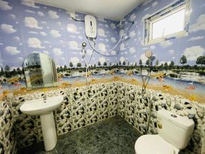 a bathroom with a toilet and a sink with ducks on the wall at SH Villa in Weligama +9 photos