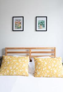two pillows on a bed with two pictures on the wall at Résidence Celestins - Appartements centre avec parking in Vichy