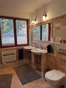 a bathroom with two sinks and a toilet and windows at Apartmán Donovaly 90 in Donovaly