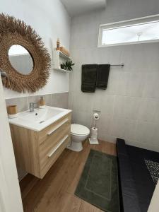 a bathroom with a sink and a toilet and a mirror at Stylish villa with private pool in Koolbaai in Koolbaai