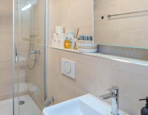 a bathroom with a shower and a sink and a mirror at Central City Apartment 1 with Mountain View in Zweisimmen +14 photos