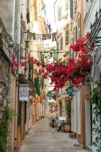 a narrow alley with flowers hanging from buildings at Maestro suite in Corfu