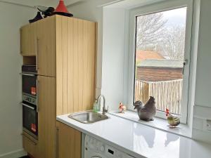 a kitchen with chickens sitting on a counter next to a sink at Seasgair in Dingwall