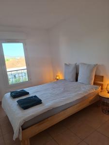 a bedroom with a large bed with a window at Appartement Riposa in Fréjus