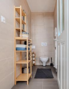 a bathroom with a toilet and a wooden shelf at Central City Apartment 2 with Mountain View in Zweisimmen +16 photos