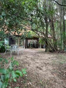 a patio with a table and chairs under a tree at Choupana das Araucárias in Sapiranga +21 photos