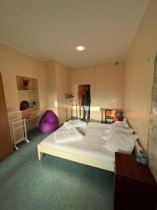 a bedroom with a large bed and a person standing in the doorway at Demeevsky Hostel in Kyiv