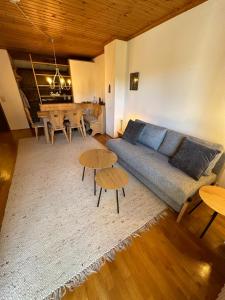 a living room with a couch and a table at Gemütliche Ferienwohnung mit Blick ins Grüne in Zwiesel