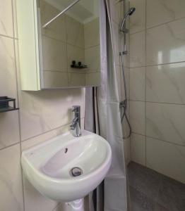 a bathroom with a white sink and a shower at Athalassas corner in Strovolos