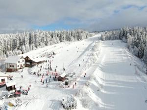 a group of people skiing down a snow covered slope at Gerab Resort in Praid