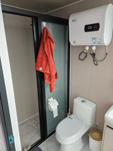 a small bathroom with a toilet and a towel at Halte aux randonneurs in La Possession