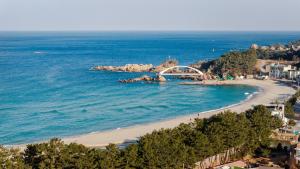 a view of a beach with a bridge in the water at Samcheok Lamer Pension in Samcheok