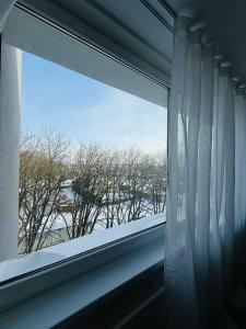 a window with a view of a snow covered field at EVA apartment in Marijampolė
