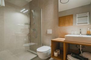 a bathroom with a shower and a toilet and a sink at Trivrh Outdoor Hotel in Žirovnica