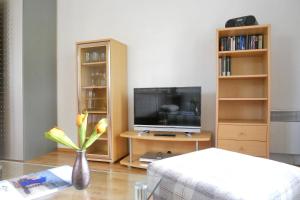 a living room with a television and a vase with a flower at Rugstieg 8 Whg 2 in Wyk auf Föhr