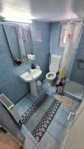 a blue bathroom with a toilet and a sink at Casa Andrei in Slănic-Moldova +26 photos