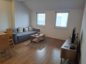 a living room with a couch and a table at FLAMANITA APARTMENTS in Skopje