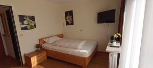 a small bedroom with a bed and a television at Chalet Swiss - App.Nelles in Bad Füssing