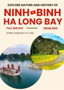 a flyer for a tour of nimbin ha long bay at Global Hanoi Backpackers in Hanoi