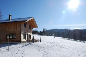 a person standing outside of a cabin in the snow at Chalet Langhans in Kamperkogel